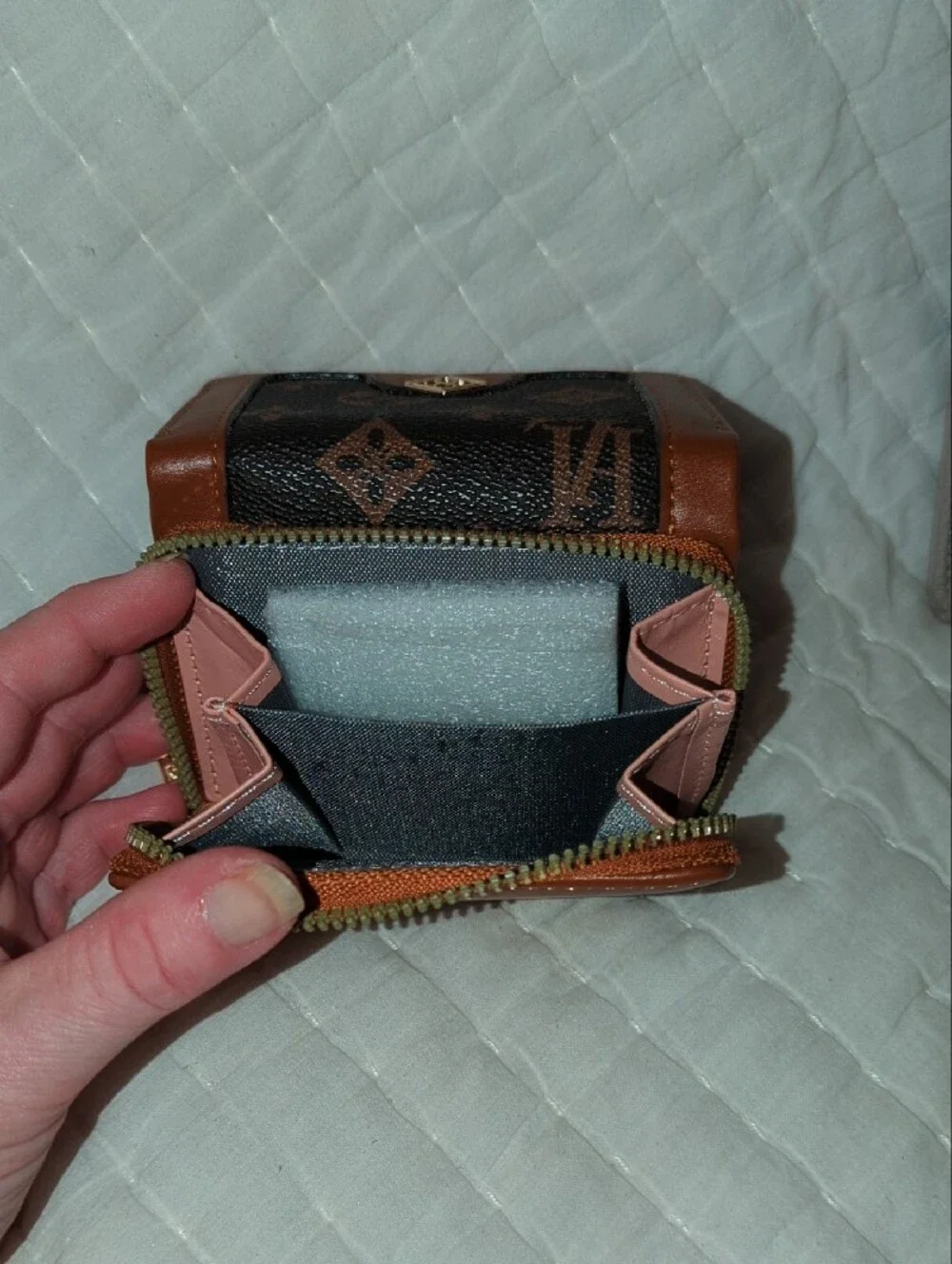 Monogram-Pattern Brown Compact Wallet with Tan Trim